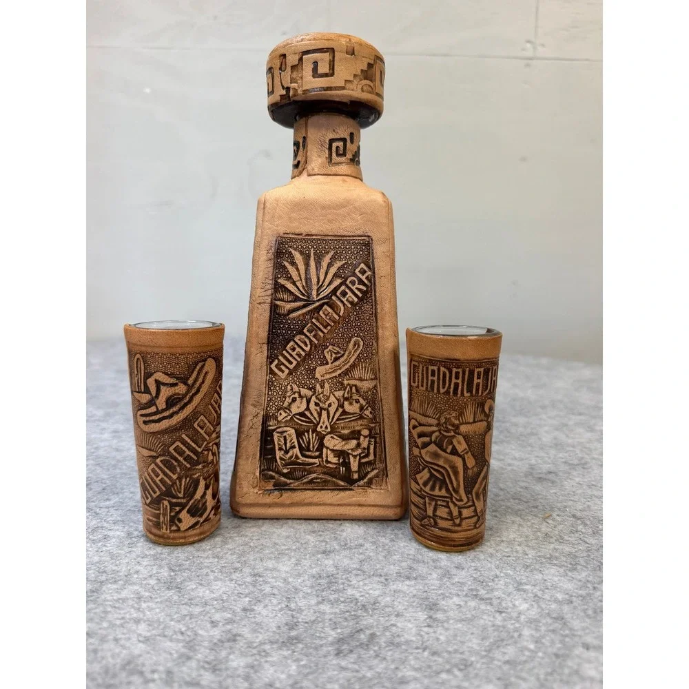 Vintage‎ Guadalajara Mexico Leather Wrapped Tequila Decanter and 2 Shot Glasses